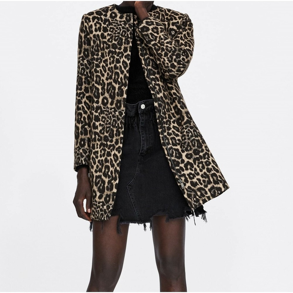 Zara Woman Leopard Print Wool Blend Collarless Coat Brown Tan Medium